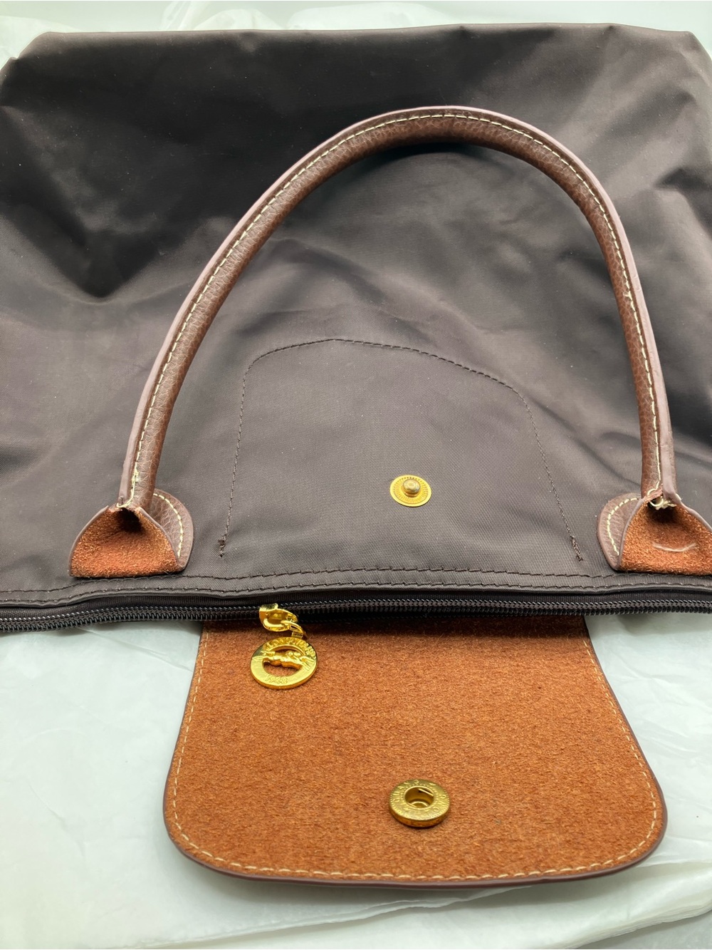 LONGCHAMP Classic Brown Nylon Tote Bag with Leather Trim - Picture 9 of 11